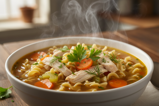 Healing chicken noodle soup made with LL Salt-Free Soul seasoning, a homemade low-sodium. soup for cold and flu season