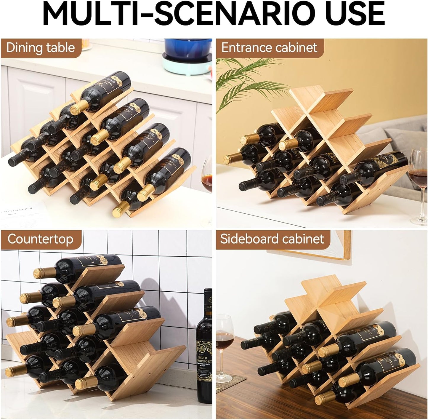 8-Bottle Countertop Wine Rack - Wine Bottle Holder for Bar Table/Wine Cabinet Free Standing - Wood 3-Tier Wine Display and Storage Shelves Dark Brown XHJJ3-DBR