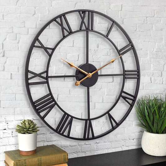 24 Inch Large Wall Clock, Silent Non Ticking Battery Operated Industrial Wall Clock with Roman Numerals, Vintage Metal round Decorative Indoor Outdoor Clock for Living Room, Kitchen, Patio - Black