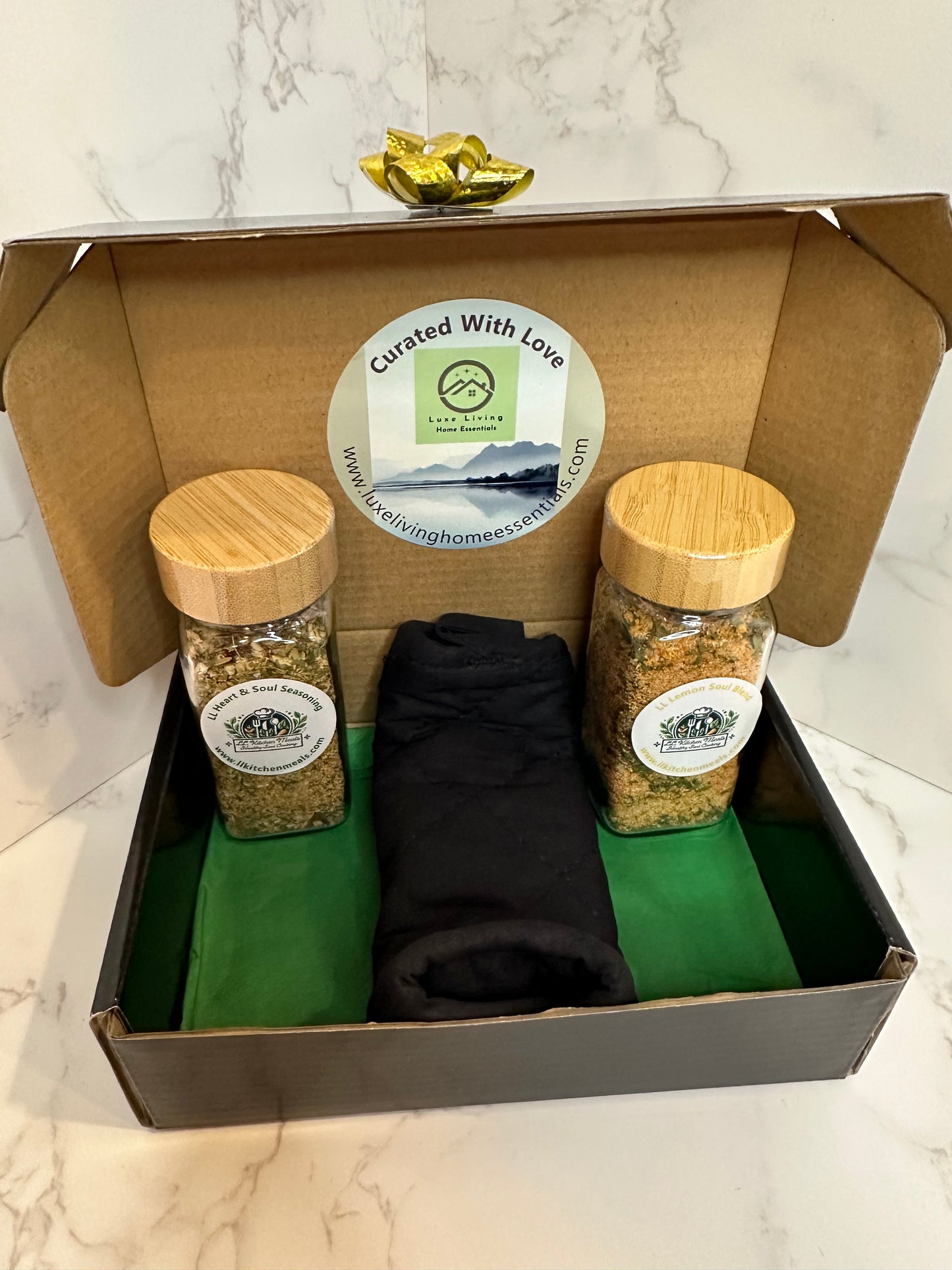 LL Kitchen Meals Signature Duo Gift Box with Heart & Soul and Lemon Soul Seasonings, oven mitt, and Curated With Love packaging