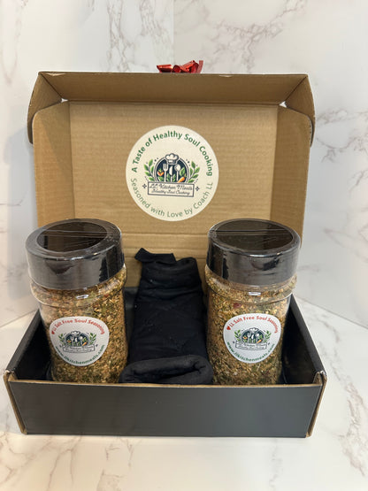 Soulful Duo Gift Box with jumbo Salt-Free Soul Seasoning, oven mitt, mini spice keychain, and recipe QR code by LL Kitchen Meals