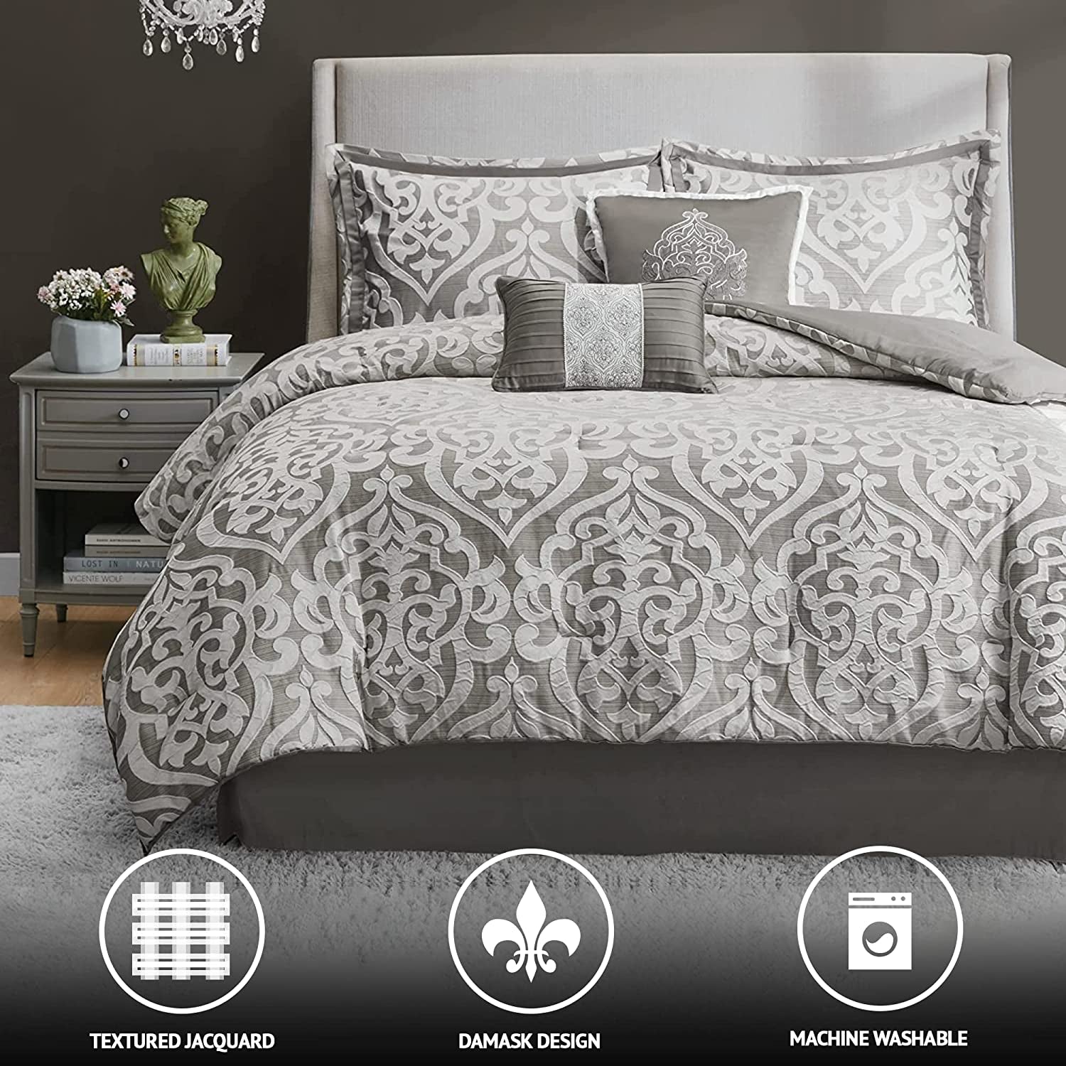 Tesla Cozy Comforter Set Jacquard Damask Medallion Design - All Season down Alternative Bedding, Shams, Bedskirt, Decorative Pillows, Queen (90 in X 90 In), Silver 6 Piece